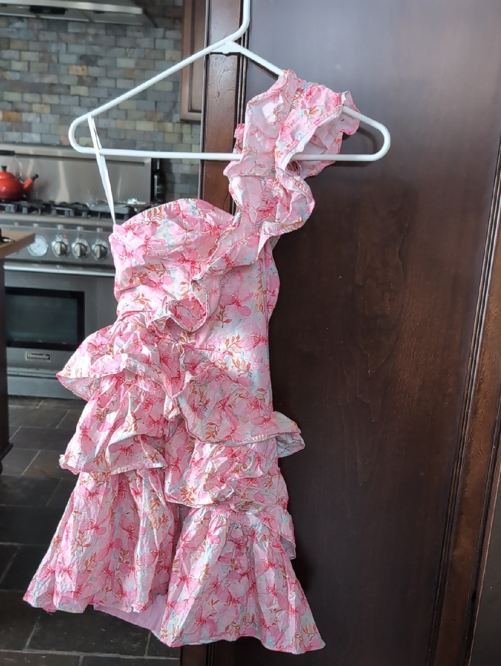 Hello Molly Pink Floral One-Shoulder Ruffle Dress EUC